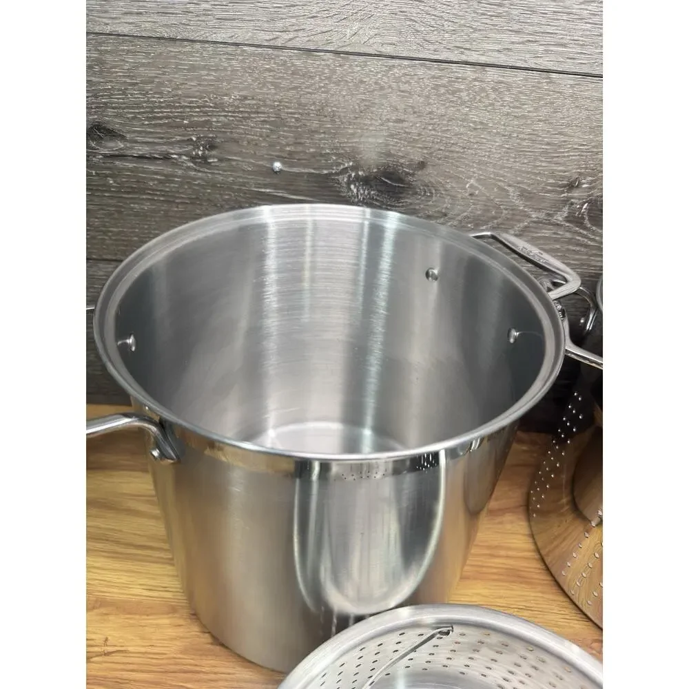 ALL CLAD Stainless Steel 12 Qt Stock Pot Pasta Pentola Strainer Steamer ~4 Pc